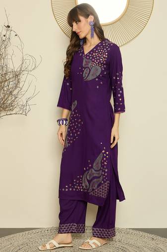 Purple embroidered viscose rayon kurta trouser set