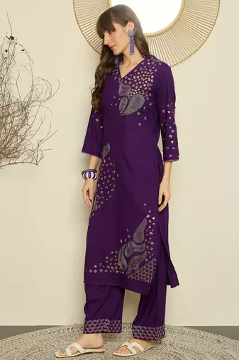 Purple embroidered viscose rayon kurta trouser set