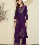 Purple embroidered viscose rayon kurta trouser set