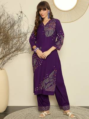 Purple embroidered viscose rayon kurta trouser set 4