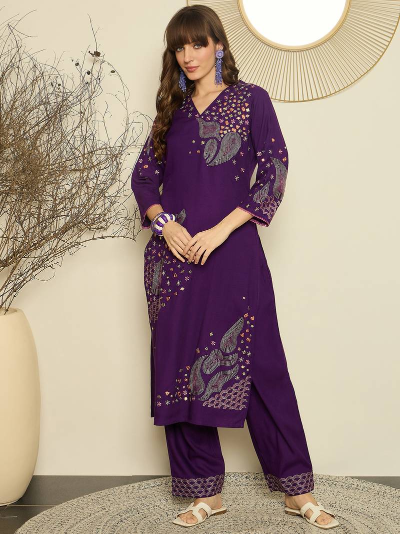 Purple embroidered viscose rayon kurta trouser set
