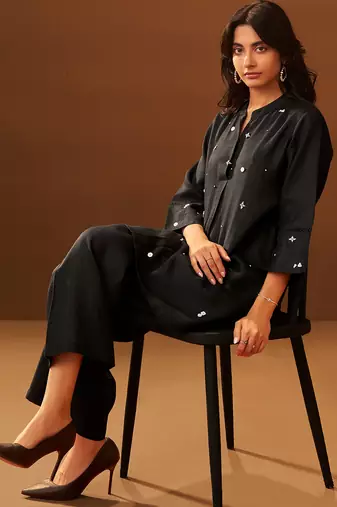Black embroidered silk kurta trouser set