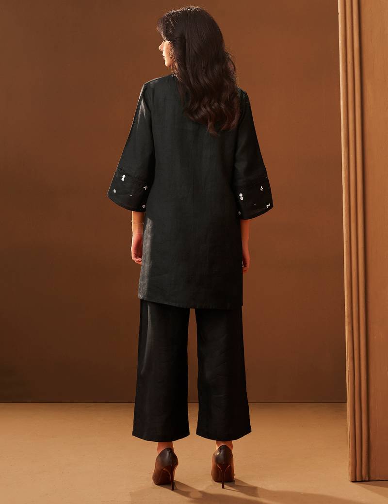 Black embroidered silk kurta trouser set