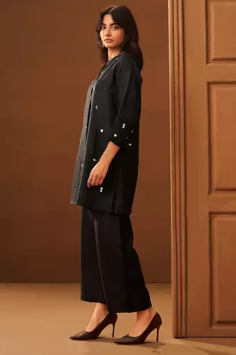 Black embroidered silk kurta trouser set