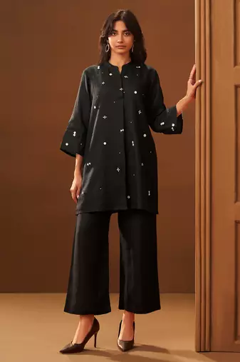 Black embroidered silk kurta trouser set