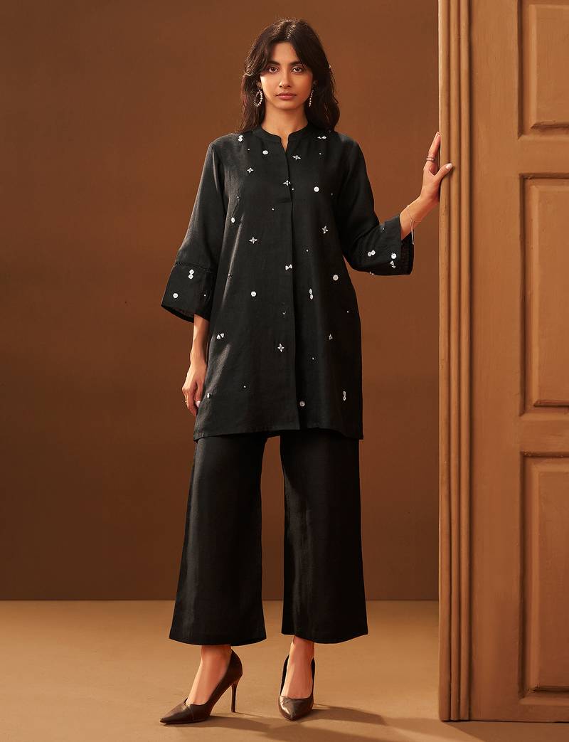 Black embroidered silk kurta trouser set