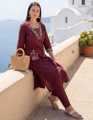 Brown embroidered cotton kurta trouser set 1