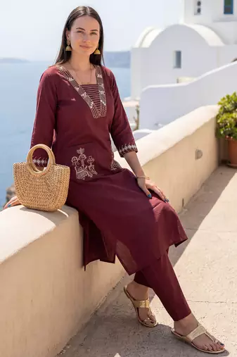 Brown embroidered cotton kurta trouser set