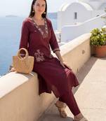 Brown embroidered cotton kurta trouser set