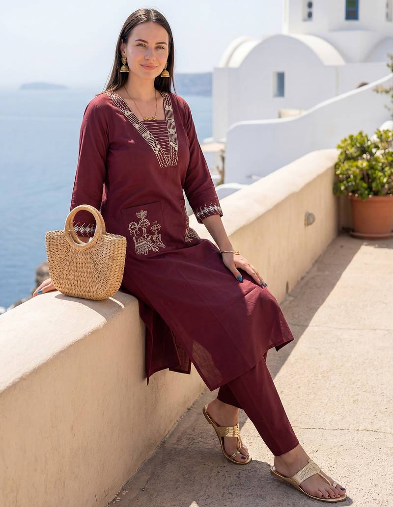 Brown embroidered cotton kurta trouser set