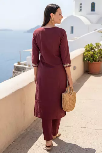 Brown embroidered cotton kurta trouser set