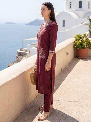 Brown embroidered cotton kurta trouser set 3