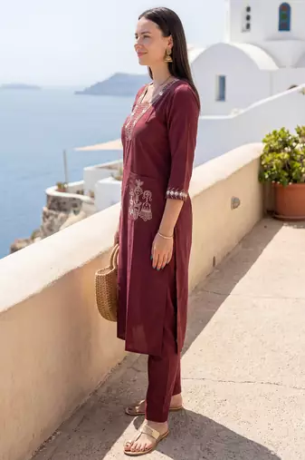 Brown embroidered cotton kurta trouser set