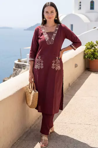 Brown embroidered cotton kurta trouser set