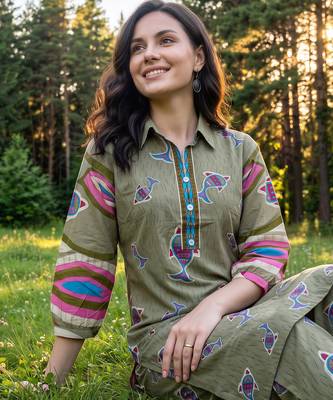 Olive printed cotton kurta trouser set 2