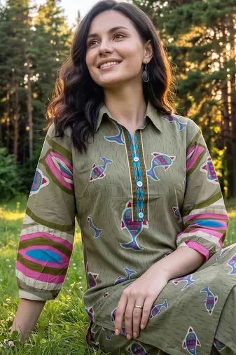 Olive printed cotton kurta trouser set