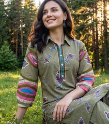 Olive printed cotton kurta trouser set