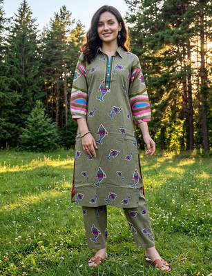 Olive printed cotton kurta trouser set 1