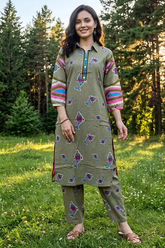 Olive printed cotton kurta trouser set