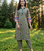 Olive printed cotton kurta trouser set
