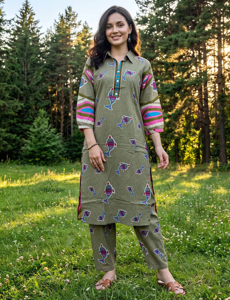 Olive printed cotton kurta trouser set