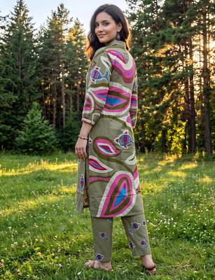 Olive printed cotton kurta trouser set 3