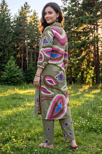 Olive printed cotton kurta trouser set