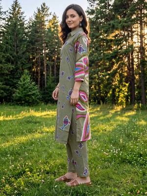 Olive printed cotton kurta trouser set 4