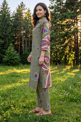 Olive printed cotton kurta trouser set