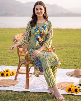 Olive printed cotton kurta trouser set 1