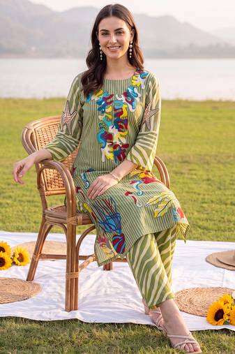Olive printed cotton kurta trouser set