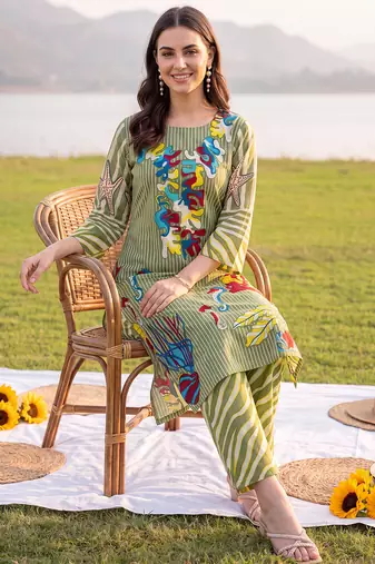 Olive printed cotton kurta trouser set