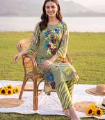 Olive printed cotton kurta trouser set