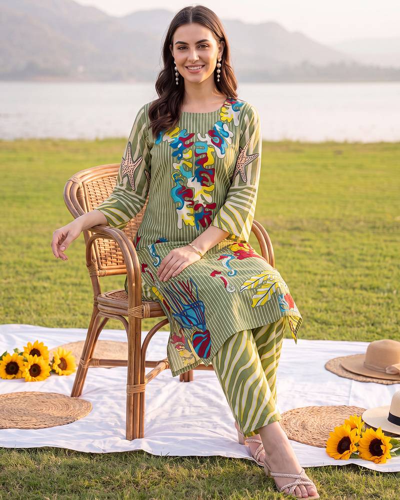 Olive printed cotton kurta trouser set