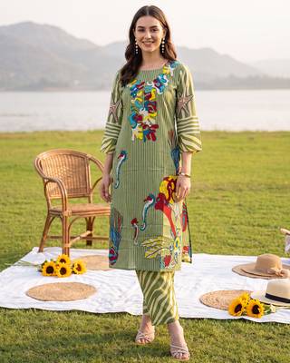 Olive printed cotton kurta trouser set 2