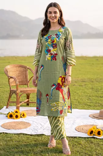 Olive printed cotton kurta trouser set