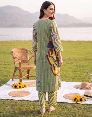 Olive printed cotton kurta trouser set 3