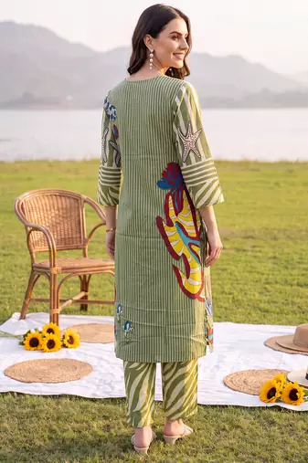 Olive printed cotton kurta trouser set