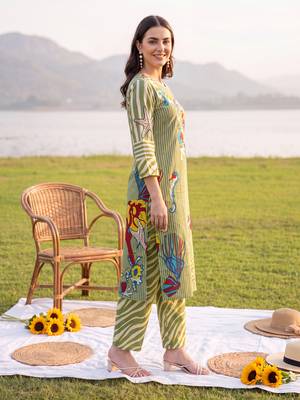 Olive printed cotton kurta trouser set 4