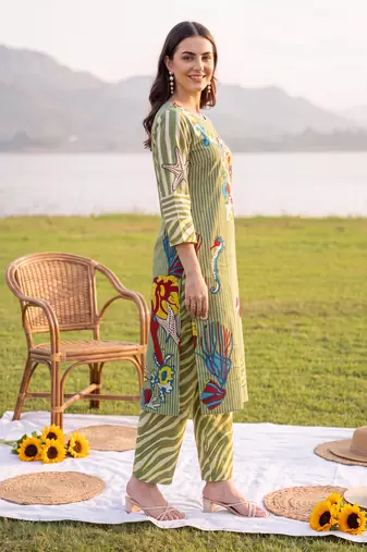 Olive printed cotton kurta trouser set
