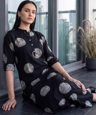 Black printed viscose rayon kurta trouser set 2