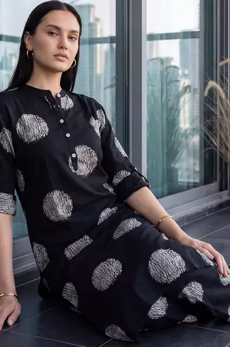 Black printed viscose rayon kurta trouser set