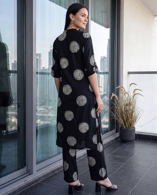 Black printed viscose rayon kurta trouser set 1