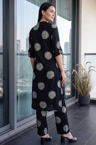 Black printed viscose rayon kurta trouser set