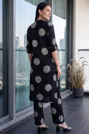 Black printed viscose rayon kurta trouser set
