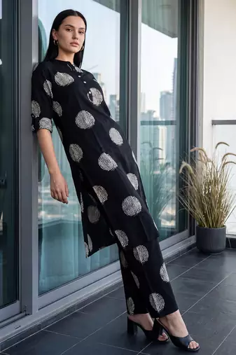 Black printed viscose rayon kurta trouser set