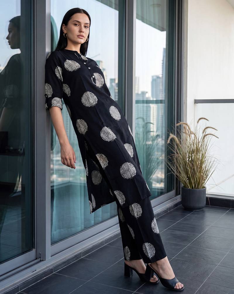 Black printed viscose rayon kurta trouser set