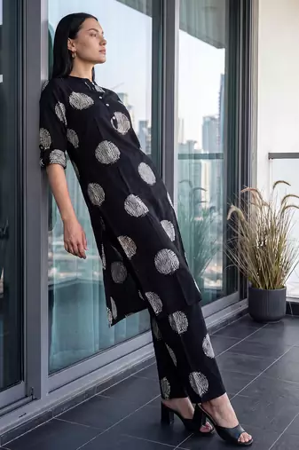 Black printed viscose rayon kurta trouser set