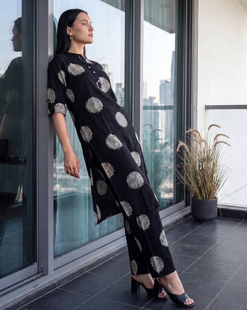Black printed viscose rayon kurta trouser set