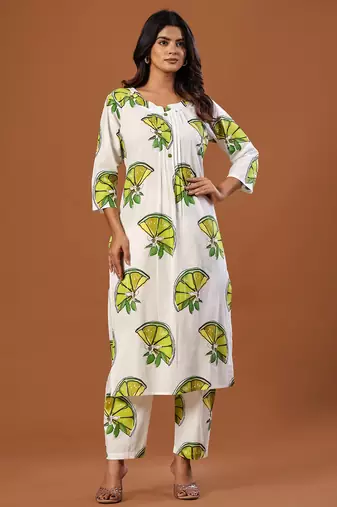White printed cotton kurta trouser set